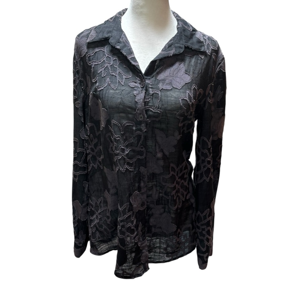 Burnout Floral Sheer‎ Black Button Down Blouse Long Sleeve Top Small #587